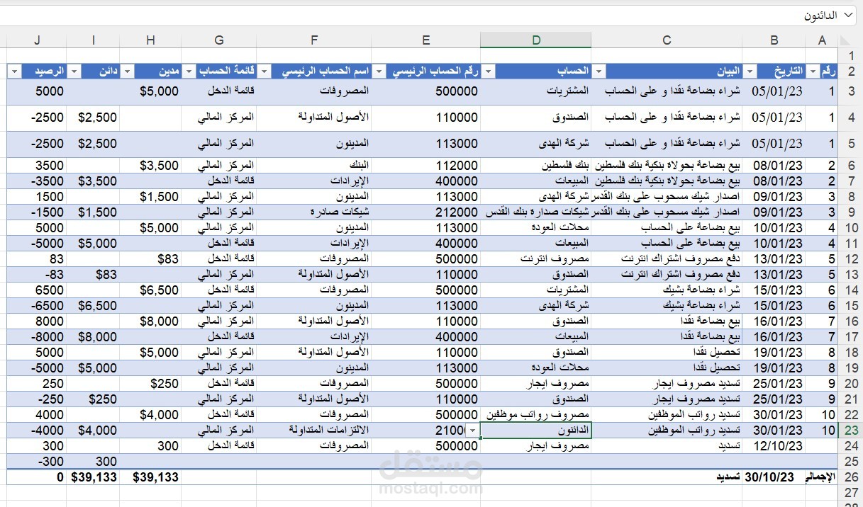ادخال اعداد فهرس الحسابات و قيود يومية و اعداد تقارير (دقتر استاذ - جميع القوائم المالية)  باستخدام برنامج اكسل