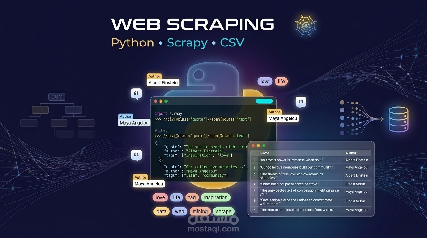 بناء سكريبت Python لسحب وتنظيف بيانات الاقتباسات من موقع معين باستخدام Scrapy