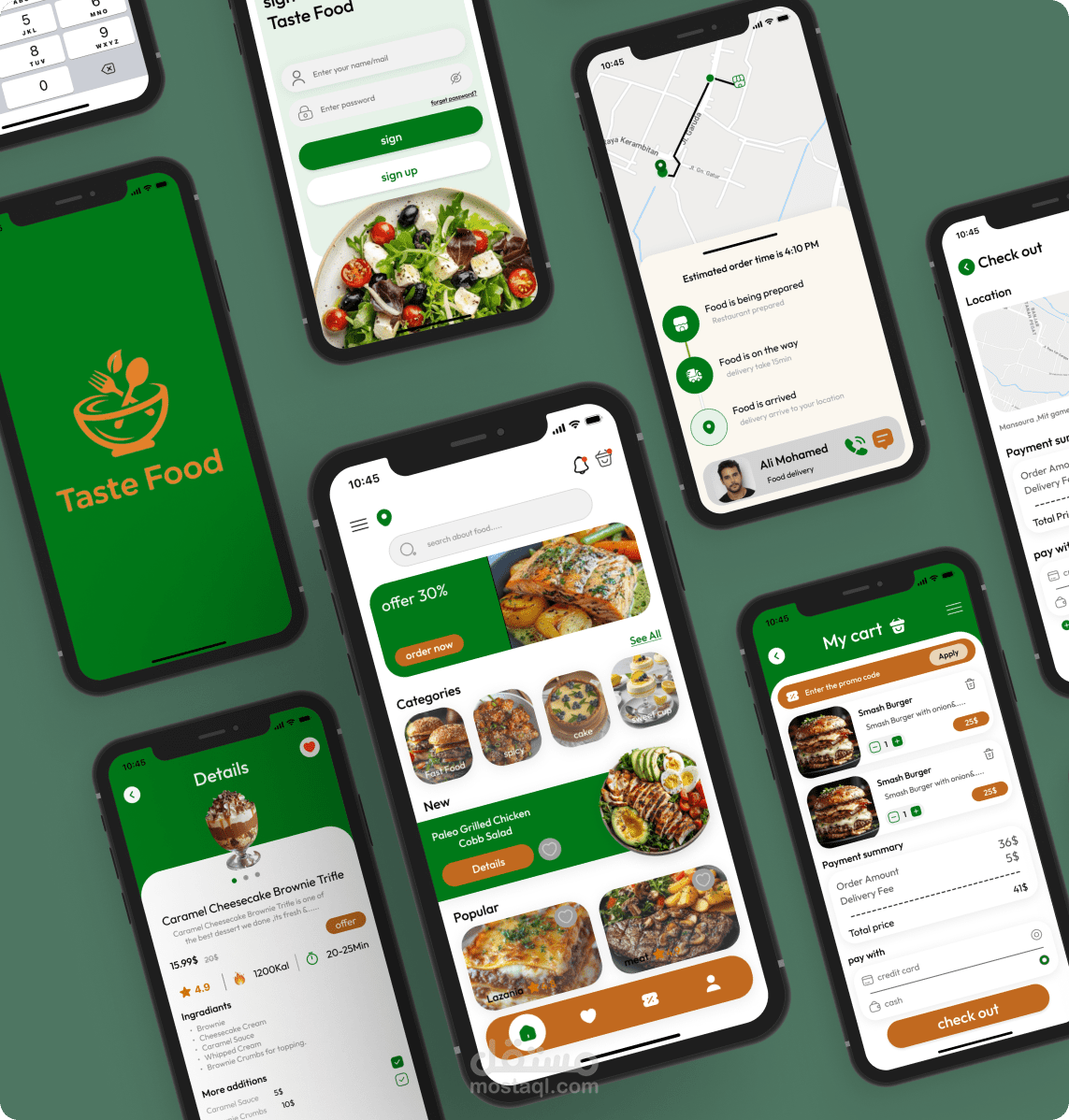 تصميم UI/UX لتطبيق طلب طعام يركز على سهولة الاستخدام وتجربة مستخدم واضحة وجذابة.