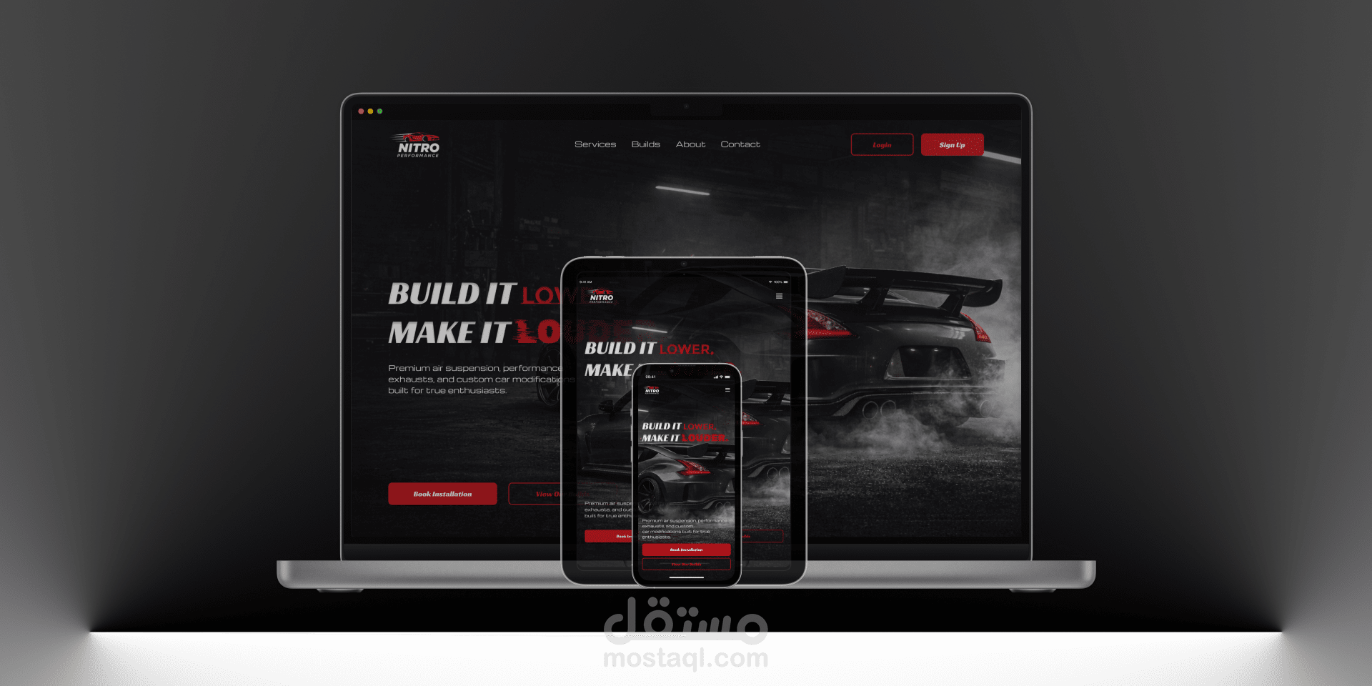 تصميم واجهة مستخدم (UI) لصفحة هبوط لموقع تعديل وأداء السيارات