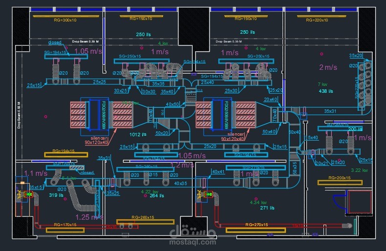 مكتب اداري في ريف دمشق. تم العمل على توزيع التكييف بكل الأقسام بشكل جيد ويحقق المطلوب ضمن المعطيات المتاحة بالاضافة لتنسيق أنابيب الحريق والمرشات بما يتناسب مع الديكور والتكييف
