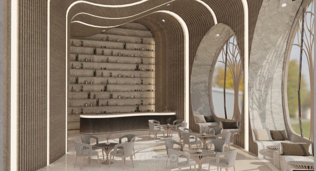 كافيه هادئ بألوان محايدة مع هوية بصرية متكاملة