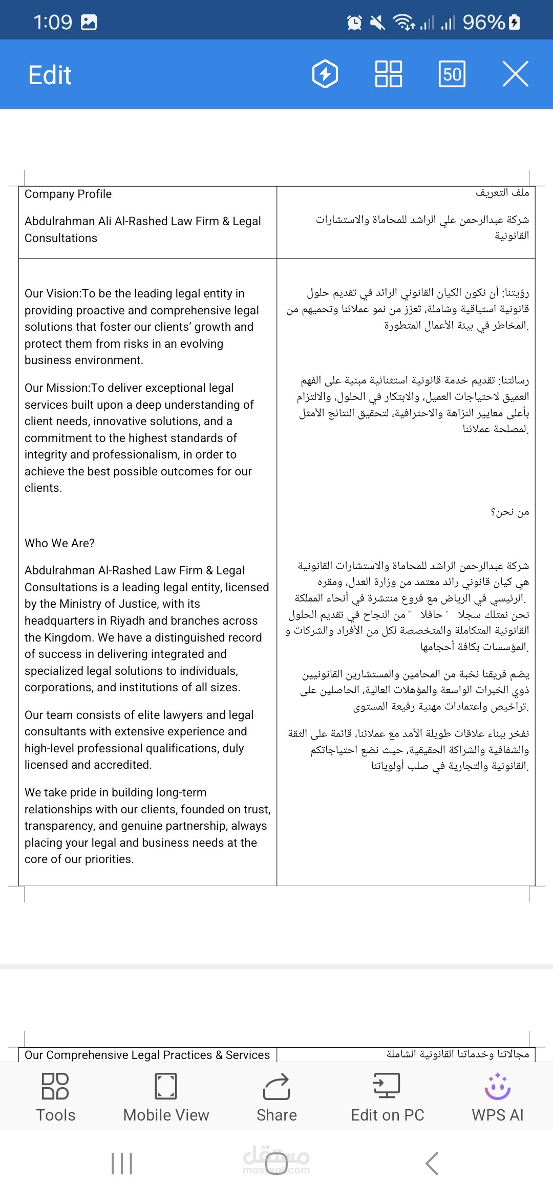 ترجمة ملف تعريف لشركة