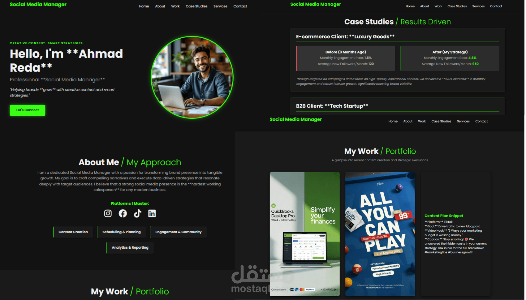موقع بورتفوليو  لمدير حسابات التواصل الاجتماعي Portfolio website  for a  Social Media Manger