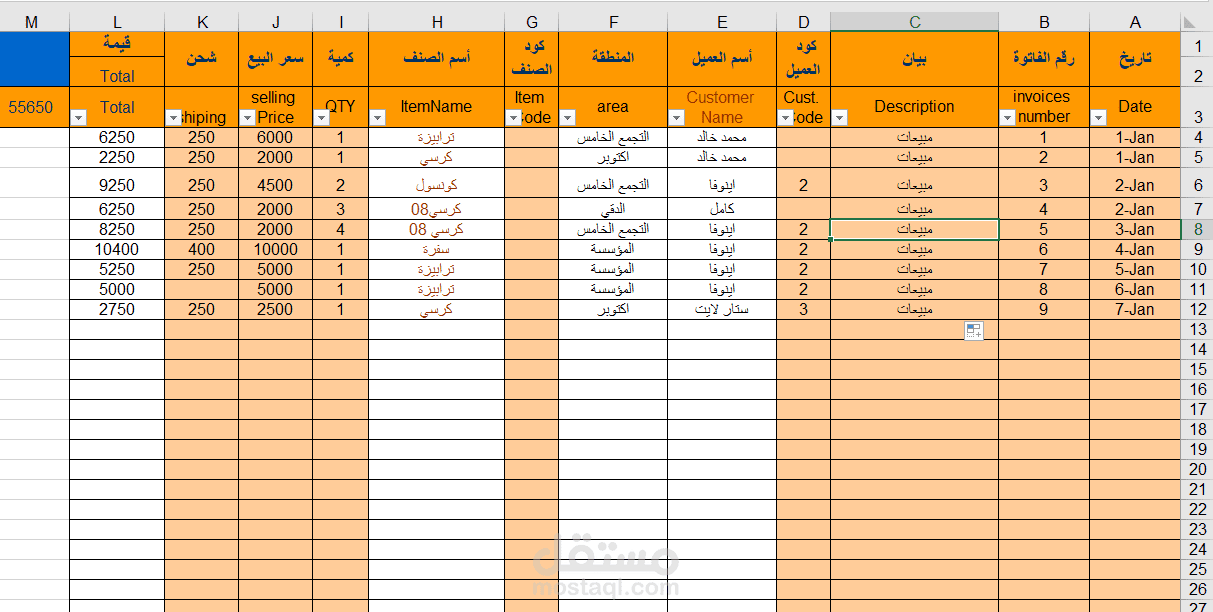 ادخال فواتير المبيعات ومتابعة اعمار الديون للعملاء