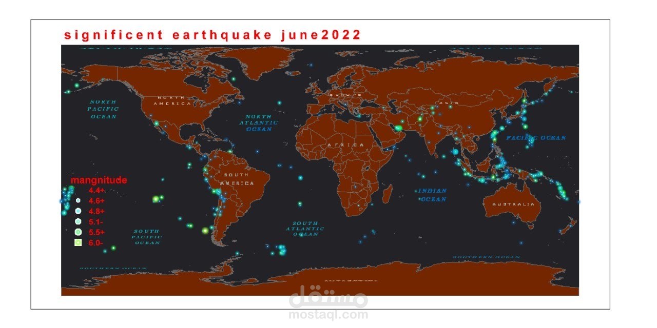 خريطة الزلازل العالمية خلال شهر يونيو 2022 باستخدام GIS