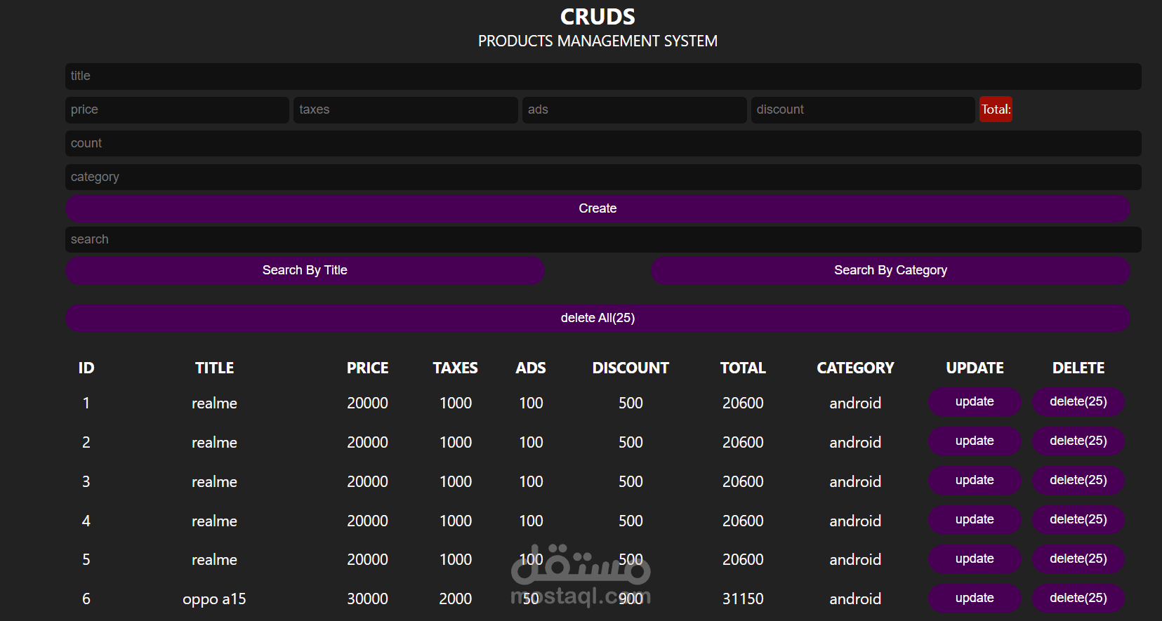 نظام إدارة المنتجات (CRUD) التفاعلي باستخدام JavaScript و Local Storage
