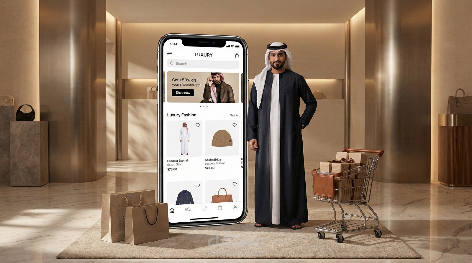 تصميم إعلاني مبتكر لتطبيقات التسوق الفاخر