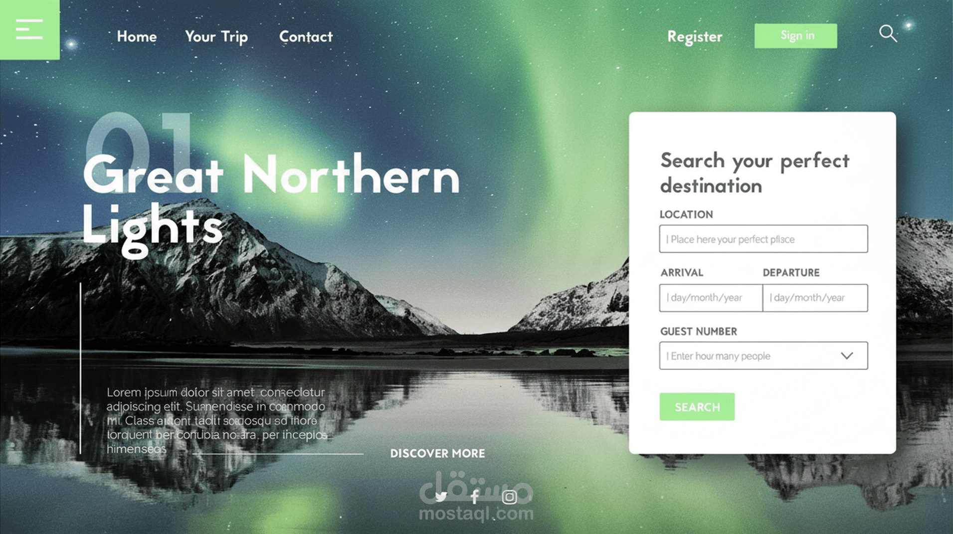 تطوير الواجهة الأمامية لصفحة وكالة سفريات "Great Northern Lights"