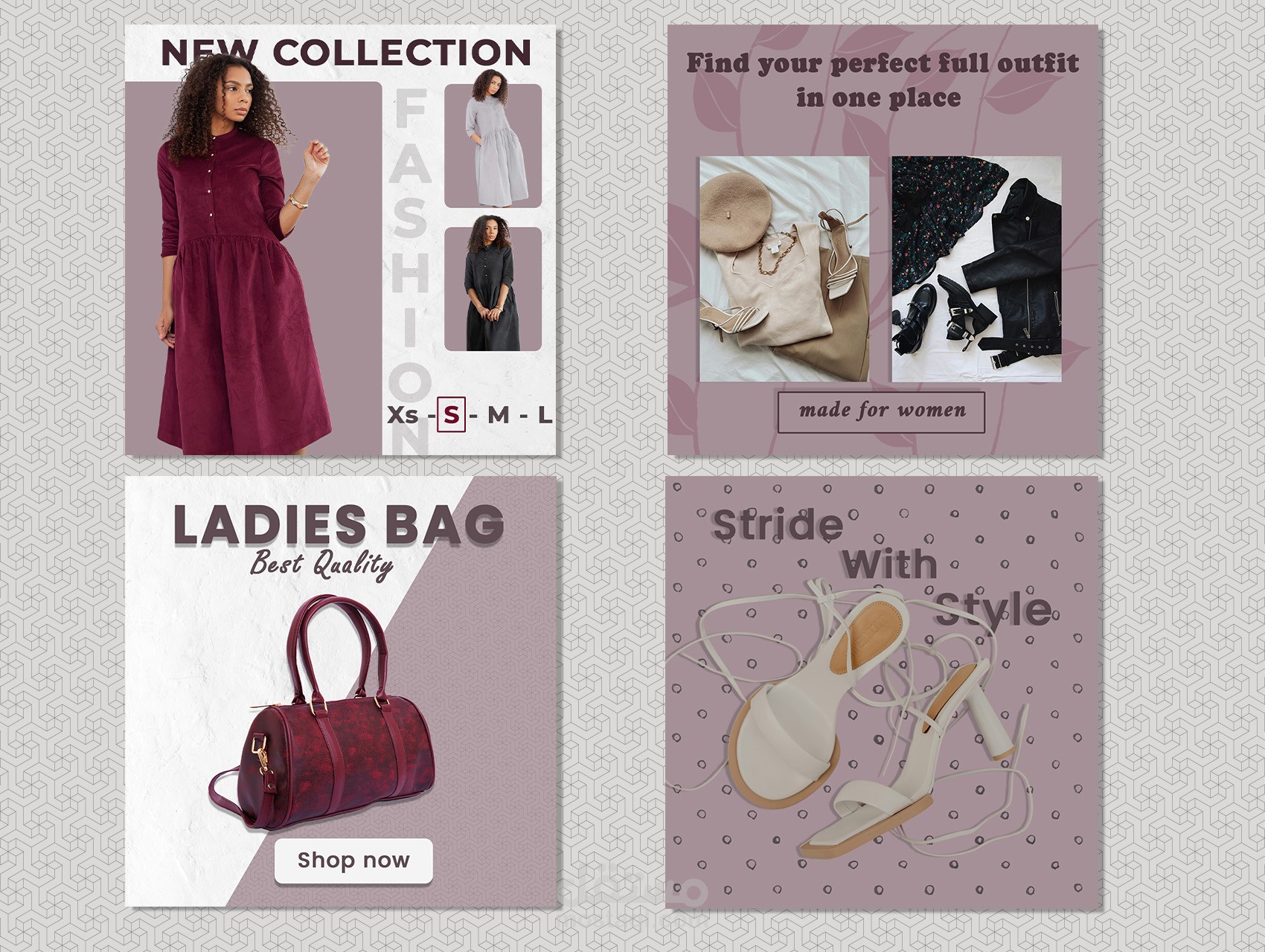 تصميم 4 منشورات سوشيال ميديا لمتجر ملابس وأحذية وحقائب نسائية