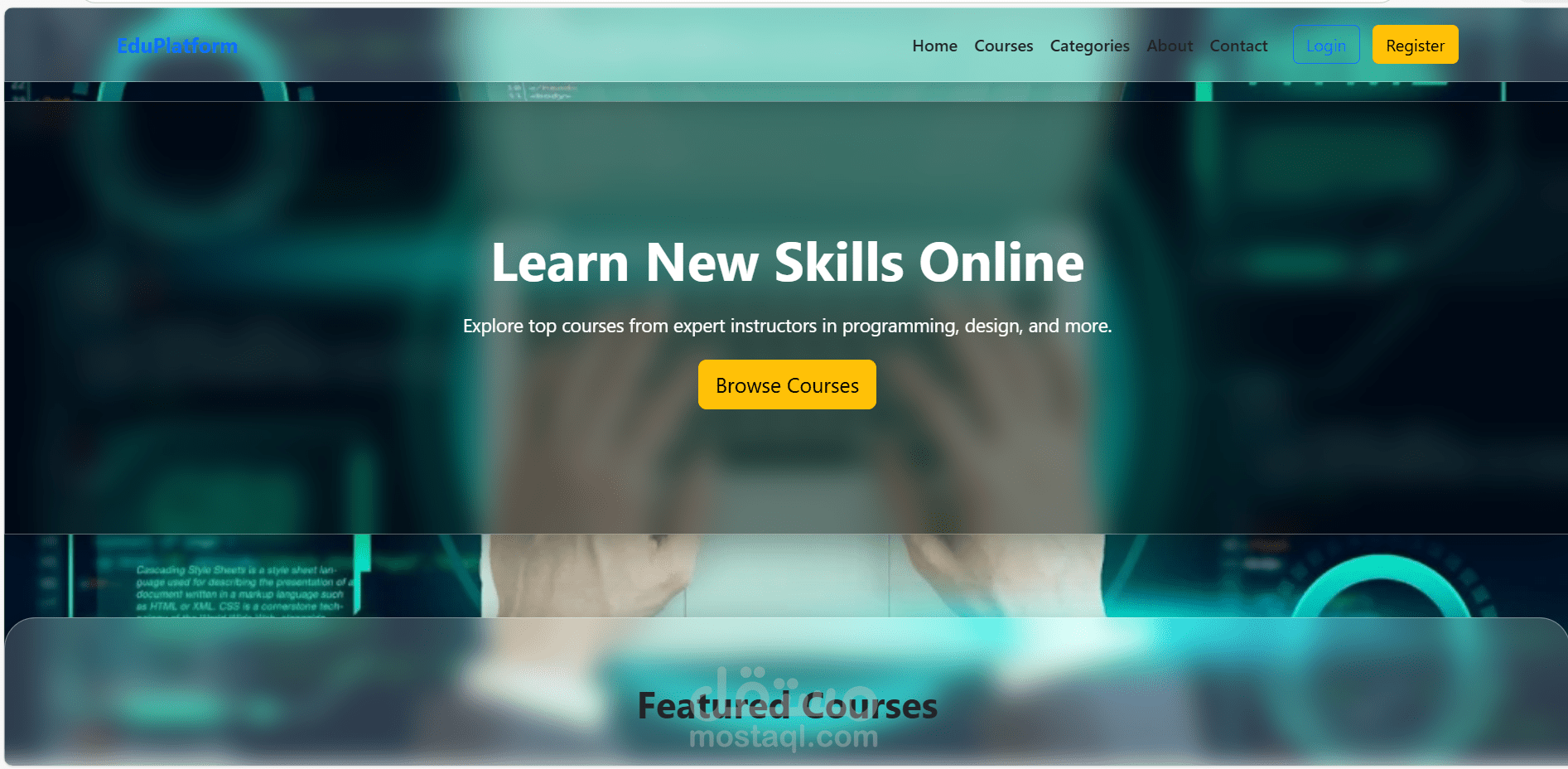 تصميم منصة تعليمية تفاعلية باستخدام HTML، CSS، Bootstrap، وJavaScript