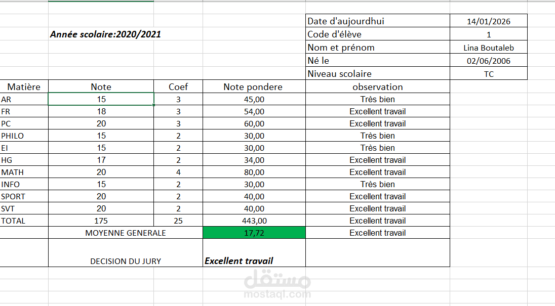 ملف Excel بحسابات أوتوماتيكية باستخدام الدوال