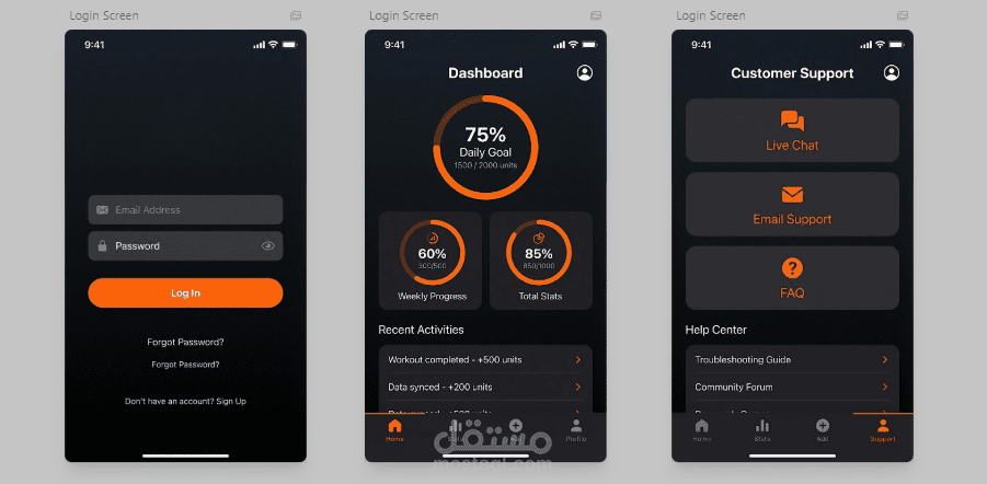 تصميم واجهة تطبيق متكامل تسجيل دخول - لوحة تحكم - دعم العملاء