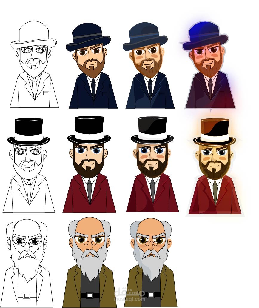 تصميم شخصيات كرتونية (Concept Art) بأساليب فنية متنوعة وتأثيرات بصرية.