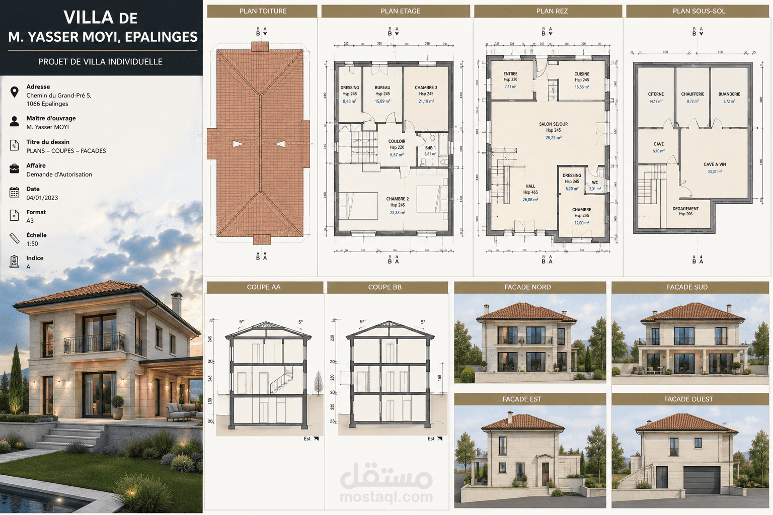 تصميم معماري متكامل لفيلا سكنية عصرية | مخططات تنفيذية وواجهات في سويسرا