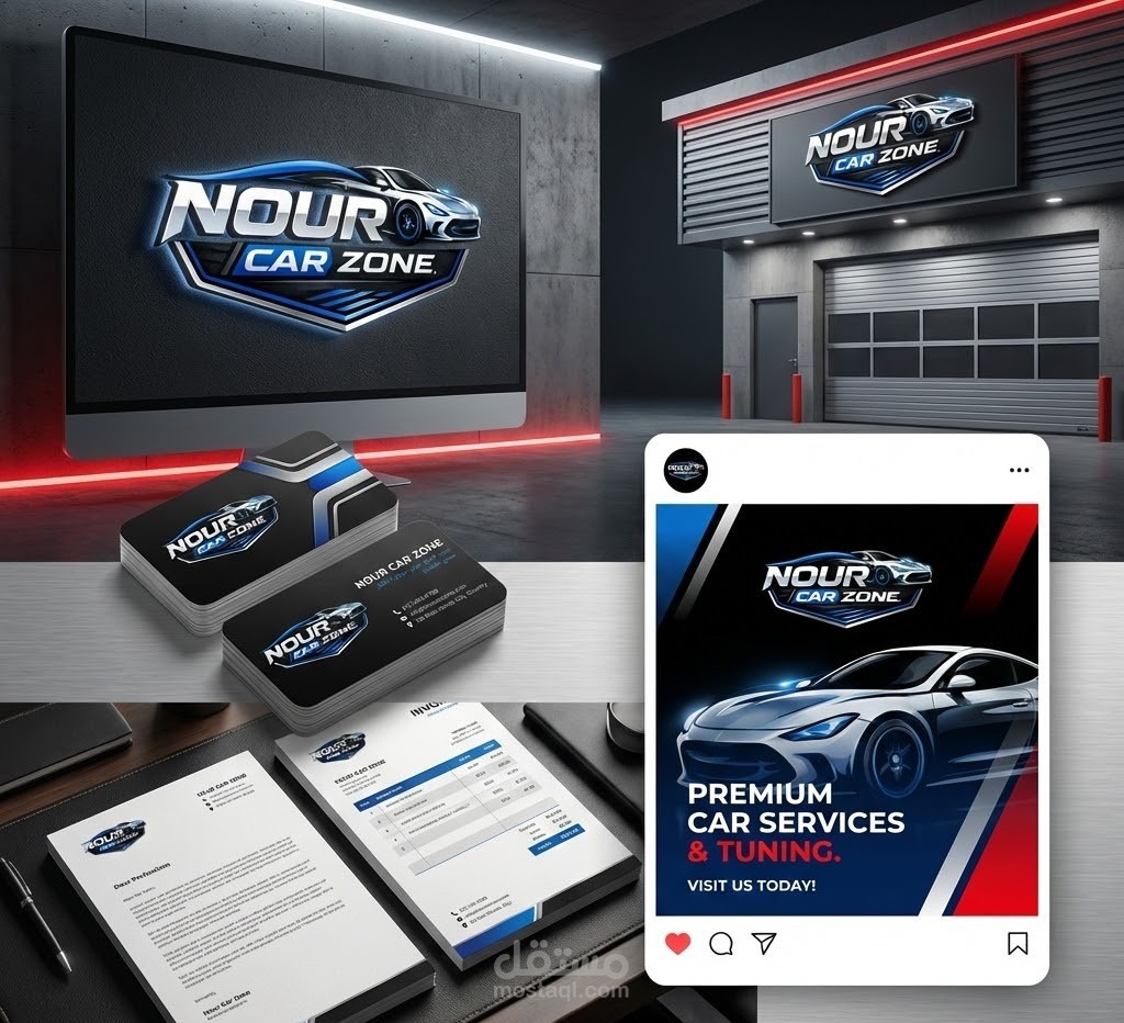 تصميم هوية بصرية احترافية لمكتب NOUR CAR ZONE محل متخصص في خدمات السيارات