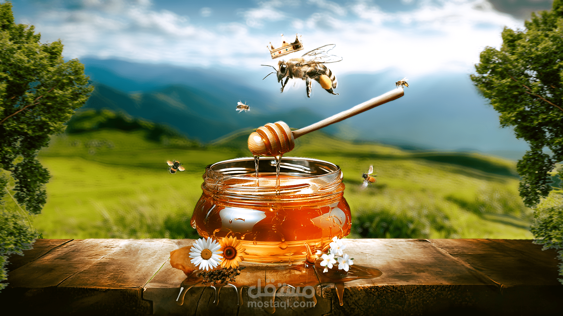 دمج صوره ملكه النحل فوق العسل بطريقه جذابه