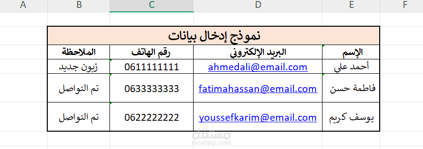 نموذج إدخال بيانات Excel