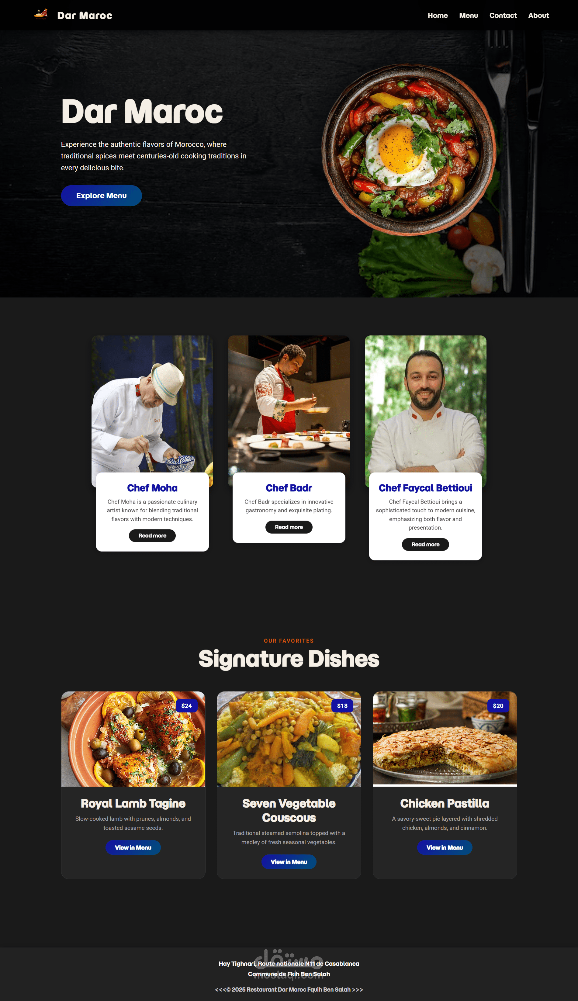 تصميم موقع مطعم احترافي (Home – Menu – About – Contact)