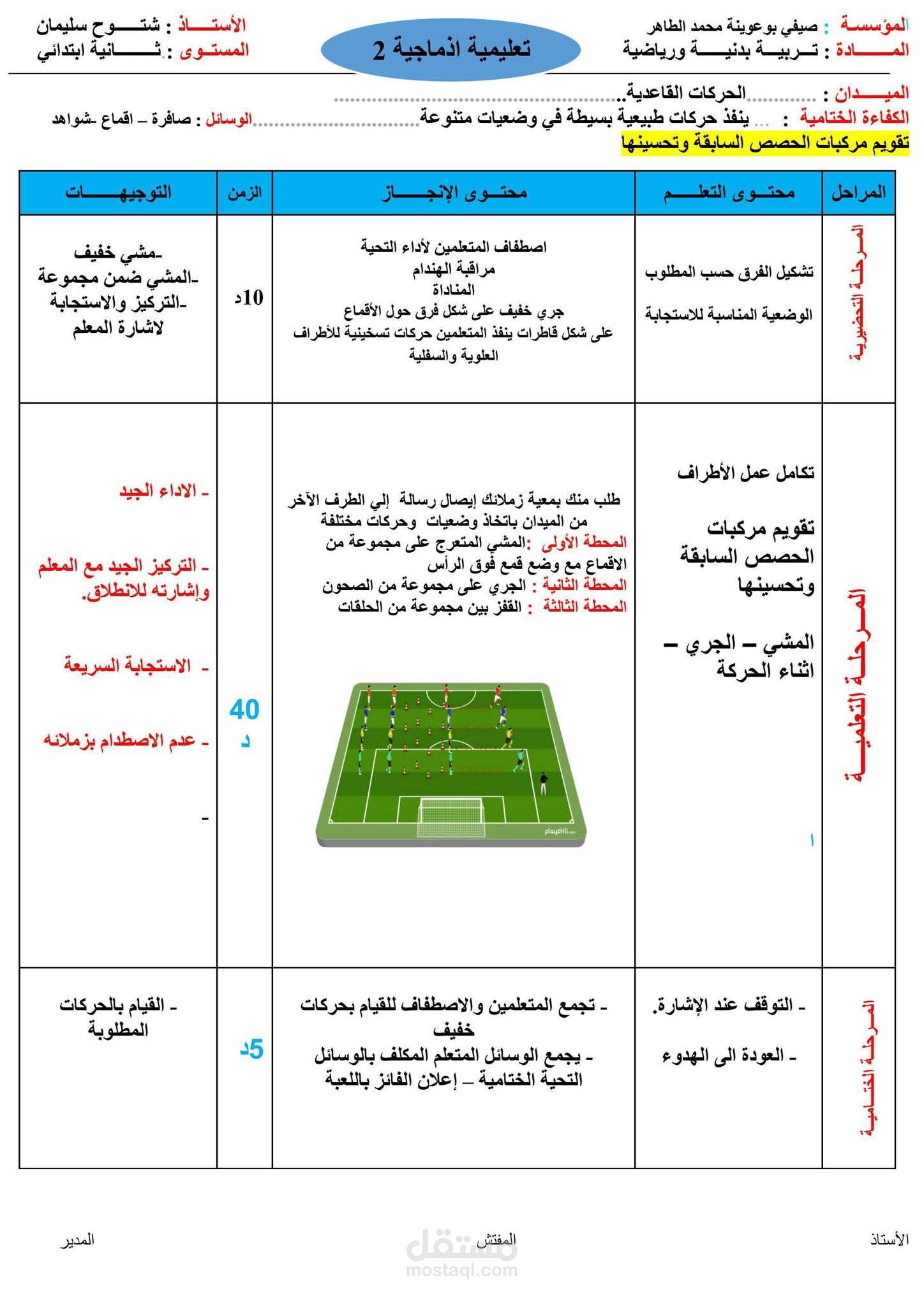نموذج لجدول خاص بتعليم مادة الرياضة
