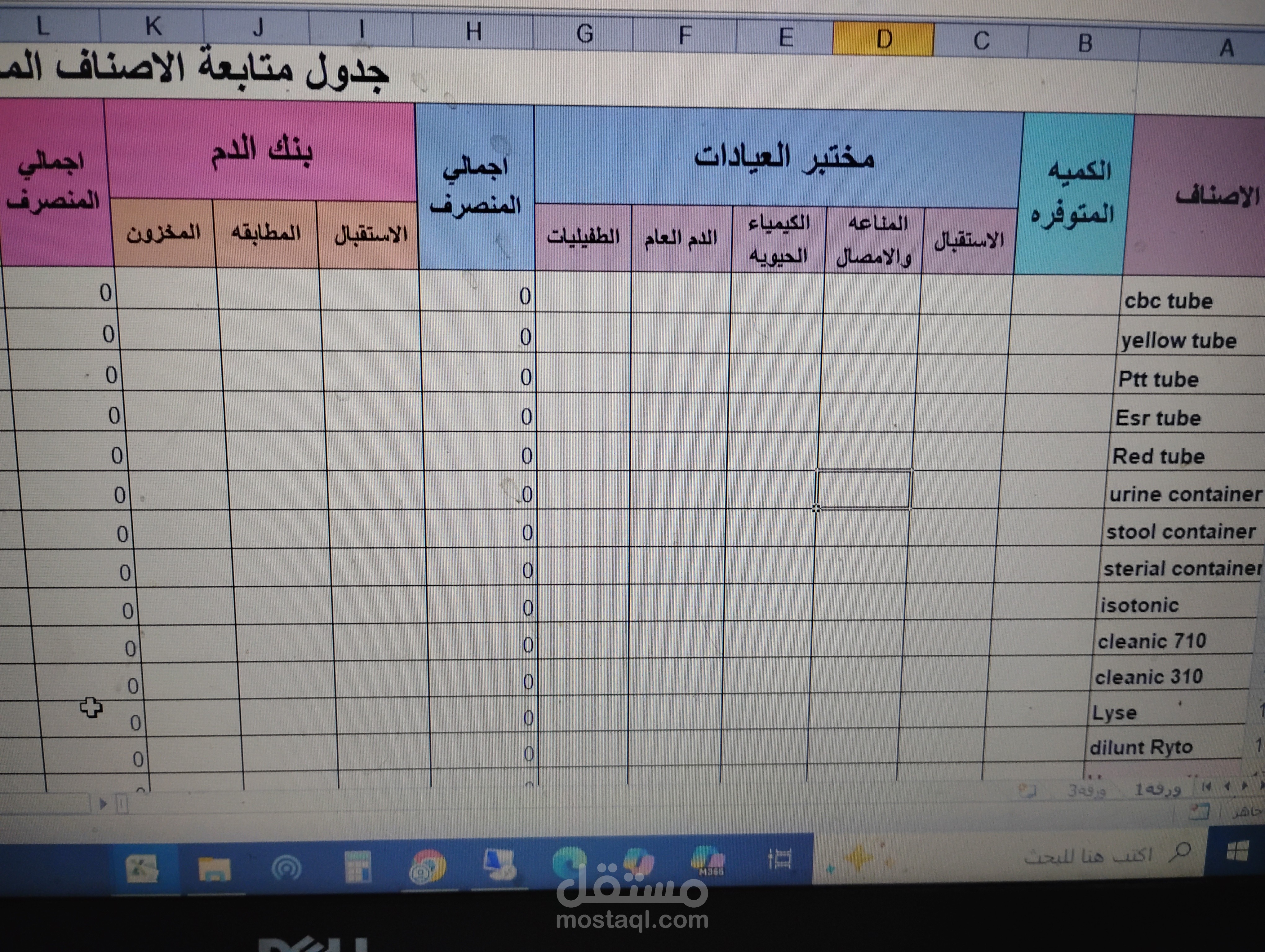 جدول متابعة أصناف المعمل ومراقبة الكميات المتوفرة والمنصرفة