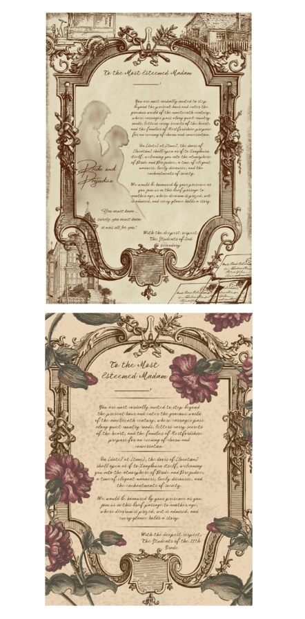 تصميم بطاقتين دعائيتين (Invitations) لمسرحية Pride and Prejudice