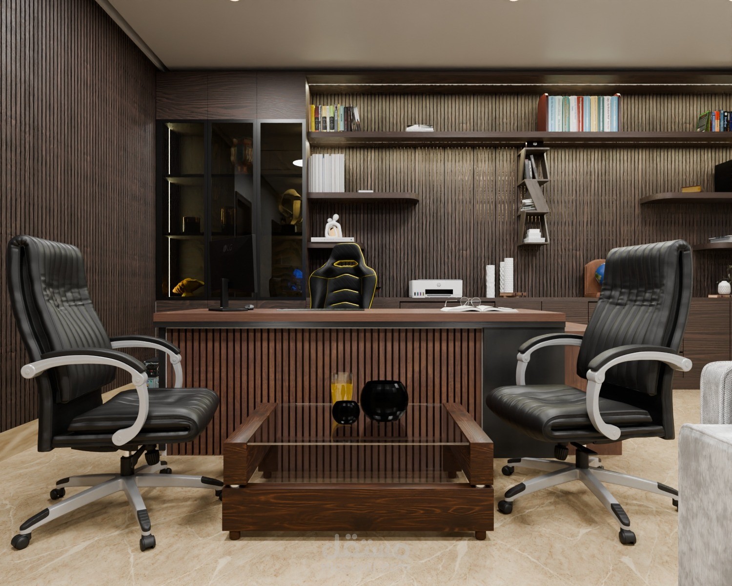 تصميم وإظهار مكتب إداري عصري يجمع بين دقة النجارة واحترافية الإخراج المعماري