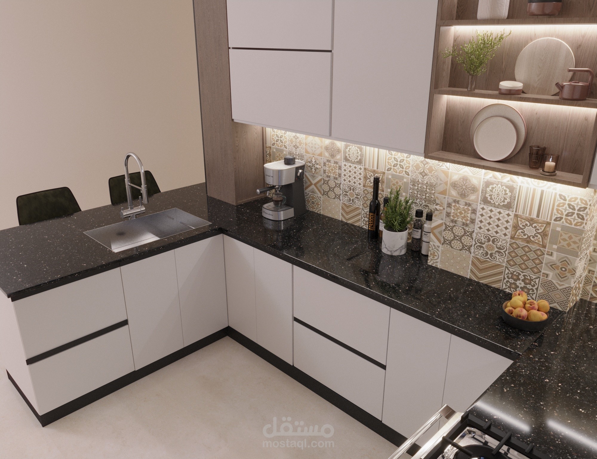 مطبخ أمريكان مفتوح بتصميم عصري ولمسات دافئة