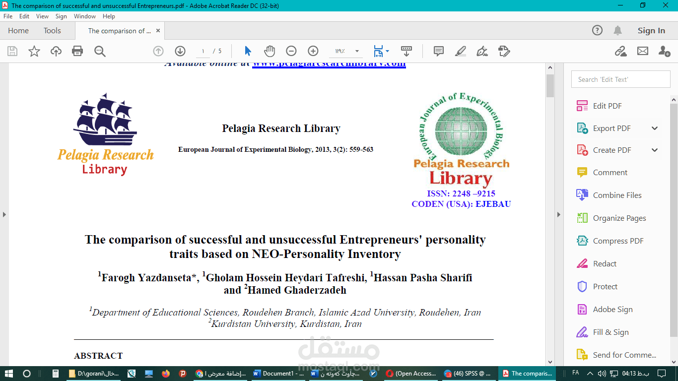 The comparison of successful and unsuccessful Entrepreneurs' personality traits based on NEO-Personality Inventory
