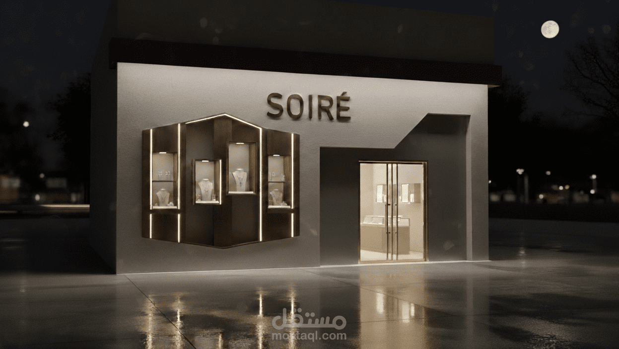 تصميم 3D Render لمتجر مجوهرات عصري بتفاصيل خشبية وإضاءة احترافية