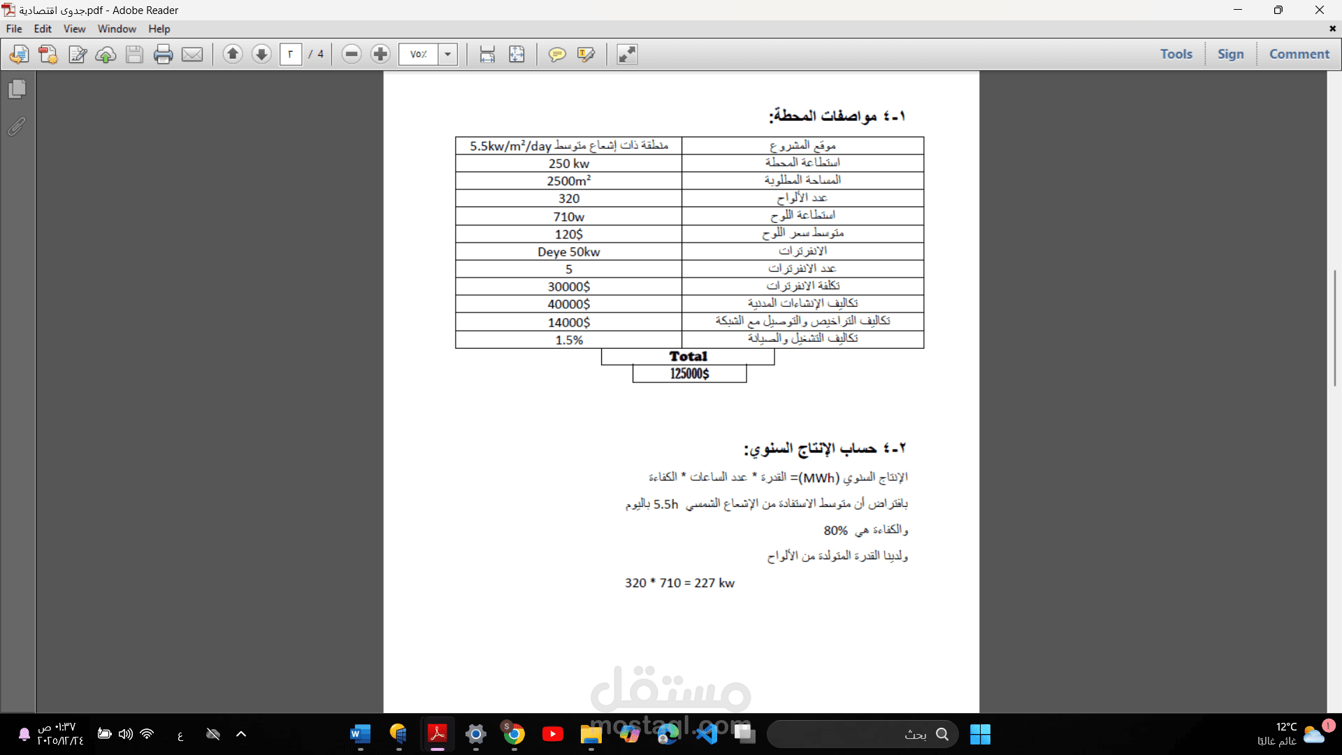 دراسة جدوى اقتصادية لمحطة شمسية تعمل على تغذية معمل بنظام on grid
