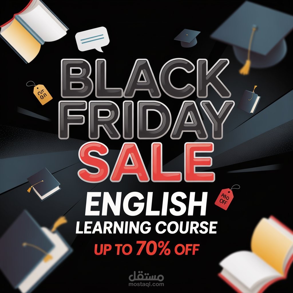 تصميم بوستر إعلاني احترافي لحملة Black Friday مخصصة لدورة تعلم اللغة الإنجليزية