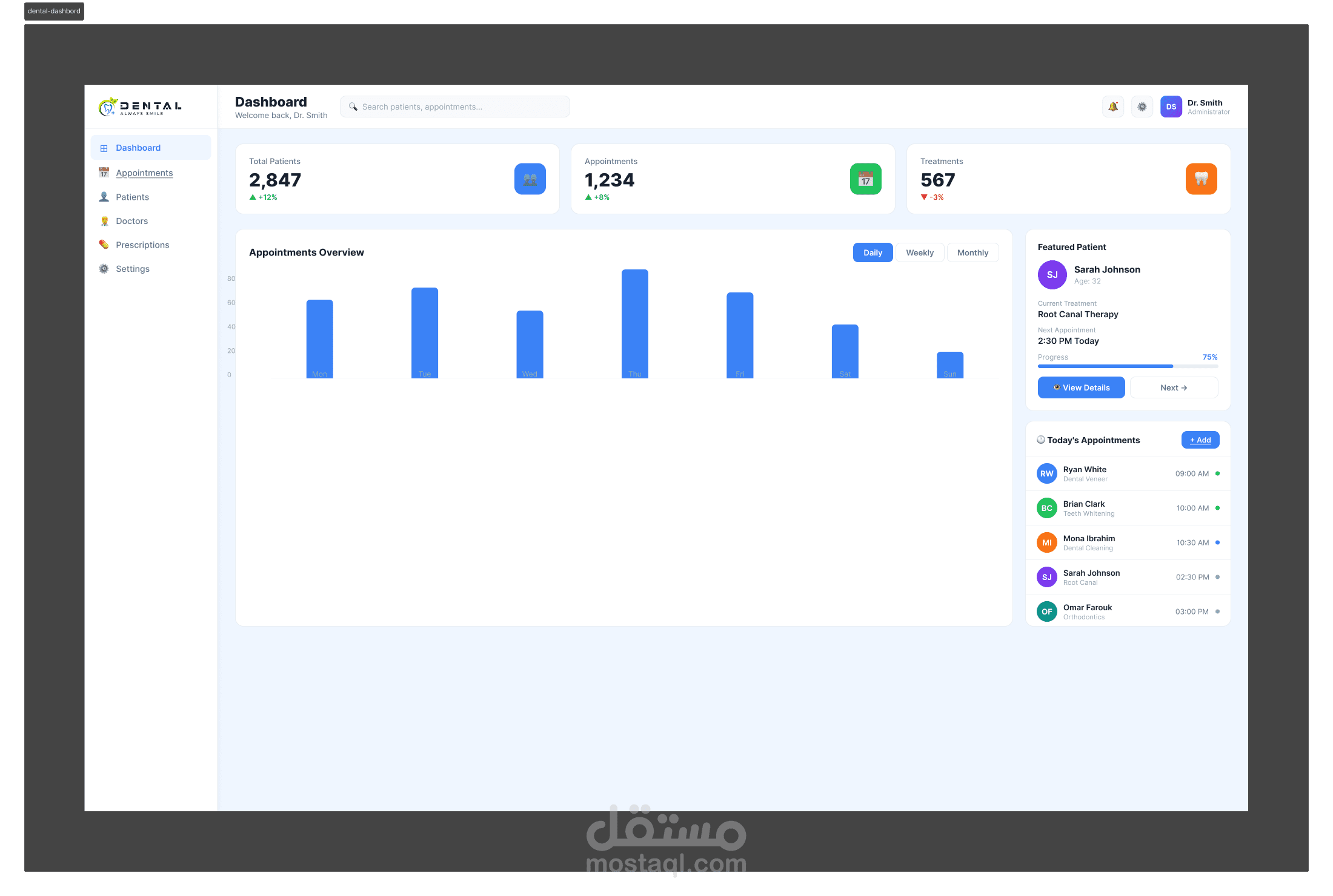 تصميم وتطوير لوحة تحكم لعيادة أسنان (Dental Clinic Dashboard)