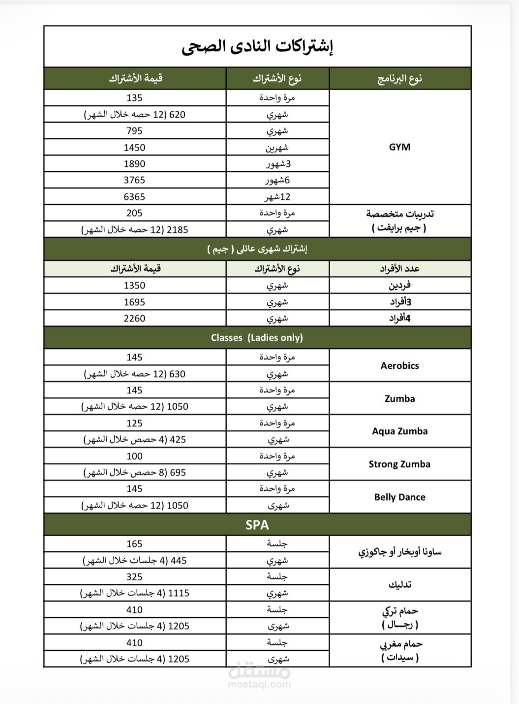 جدول اسعار للنادي الصحي