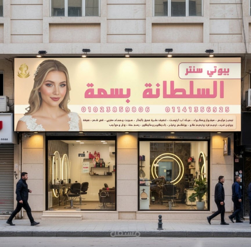 تصميم الهوية البصرية واللوحات الإعلانية لمركز "السلطانة بسمة" للتجميل