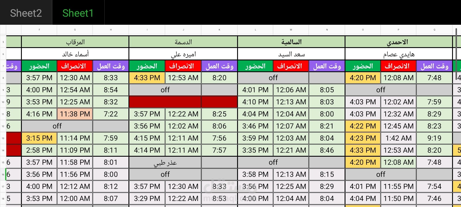 كشف حضور وانصراف علي Excel