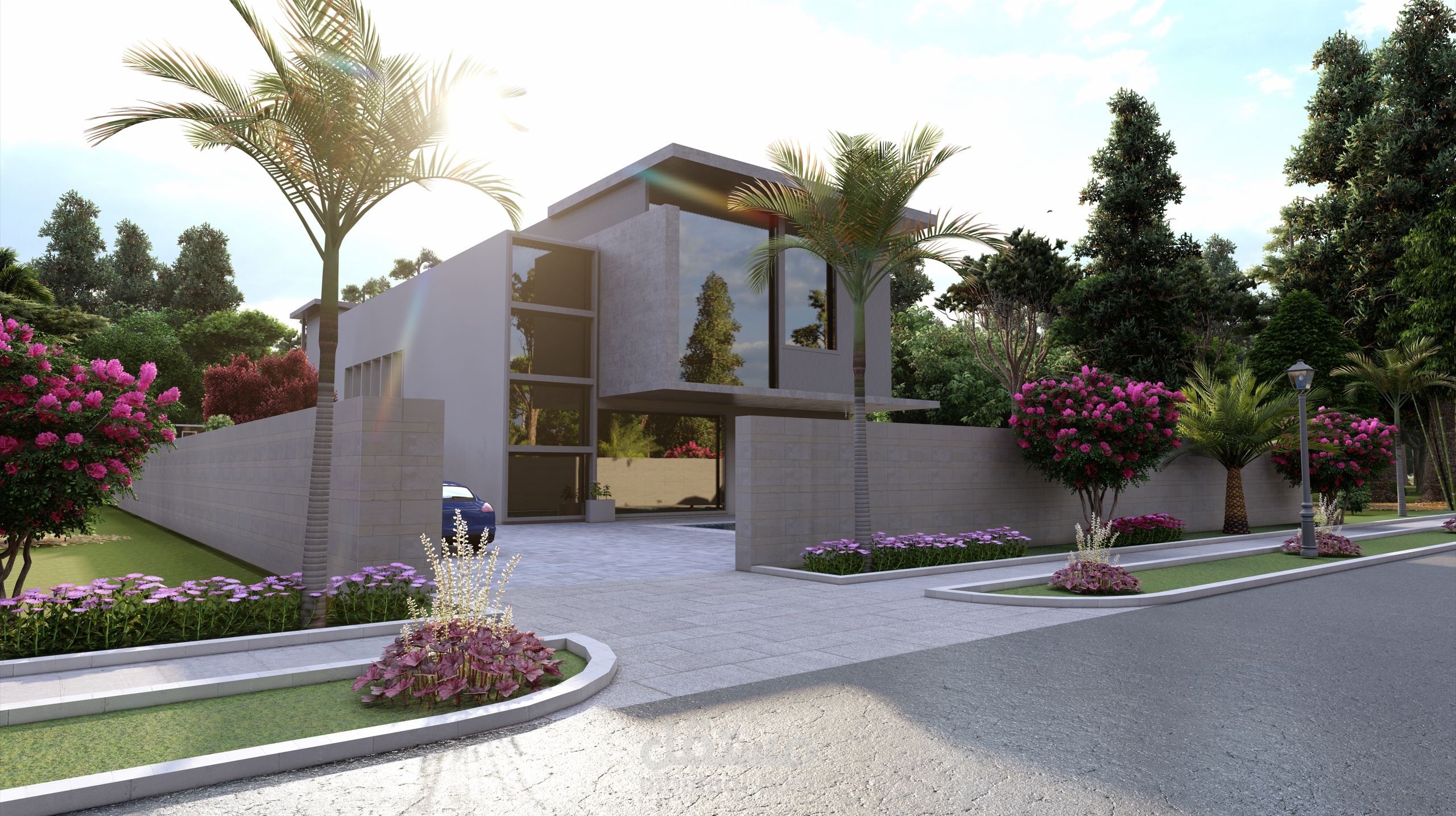 تصميم خارجي لفيلا مودرن مع تصميم اللاندسكيب للحدائق الخلفية والجانبية.