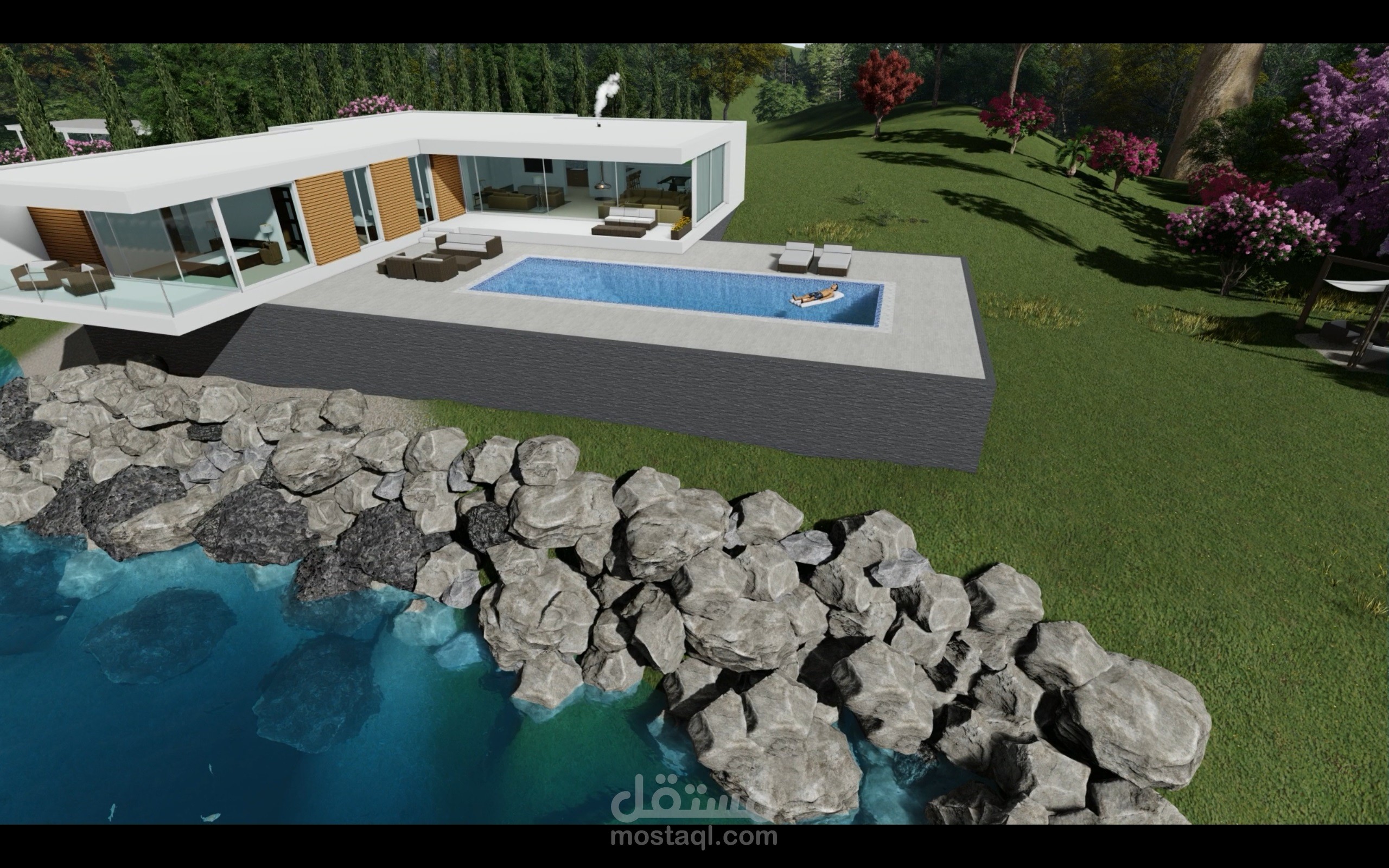تصميم خارجي لفيلا مودرن مع تصميم اللاندسكيب للحدائق الخلفية والجانبية.