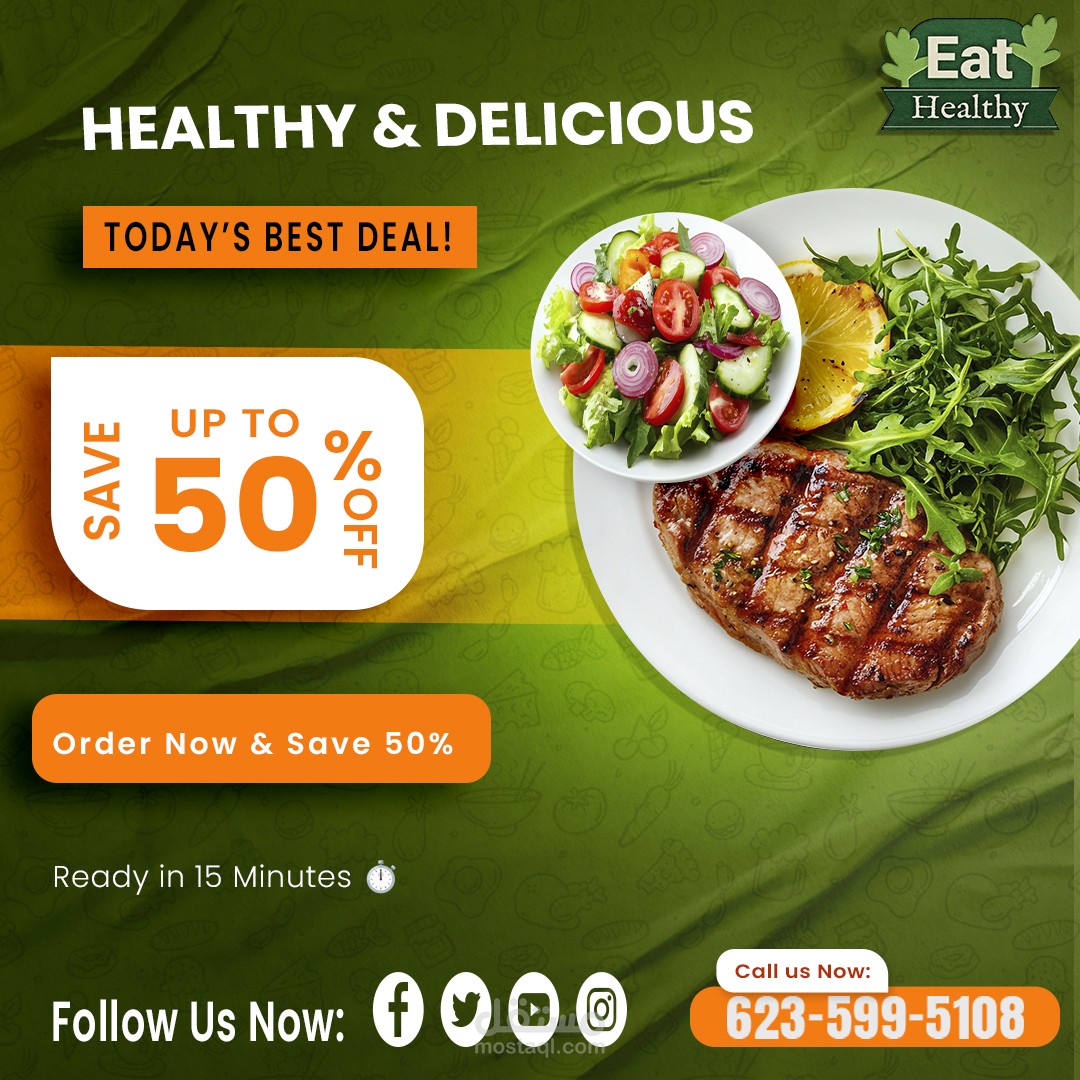 تصميم إعلاني "Healthy & Delicious" لمنصة وجبات صحية