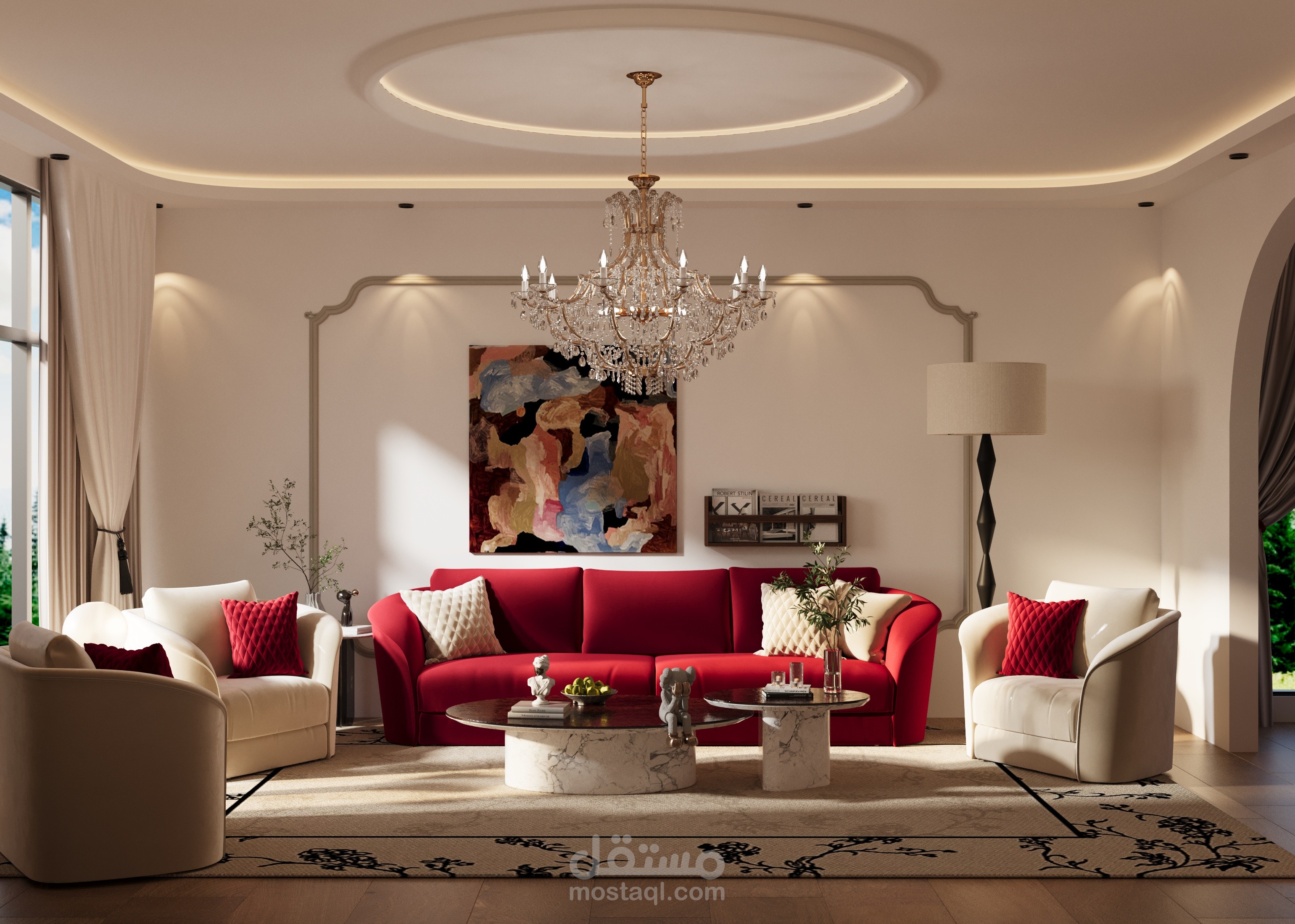 تصميم داخلي لغرفة معيشة مع غرفة طعام