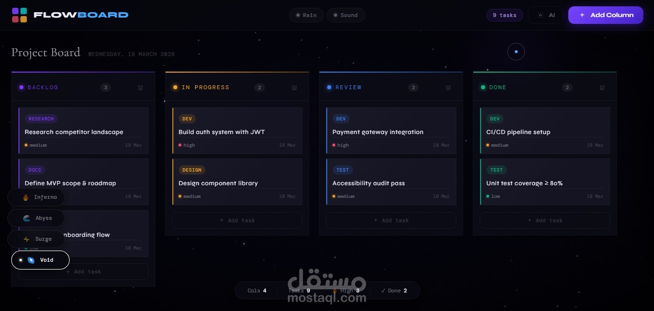 FlowBoard — لوحة مهام تفاعلية بخلفية نار حقيقية وذكاء اصطناعي مدمج