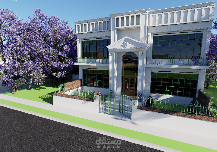 تصميم معماري خارجي لفيلا سكنية فاخرة بنمط نيوكلاسيك (Neoclassical Style)