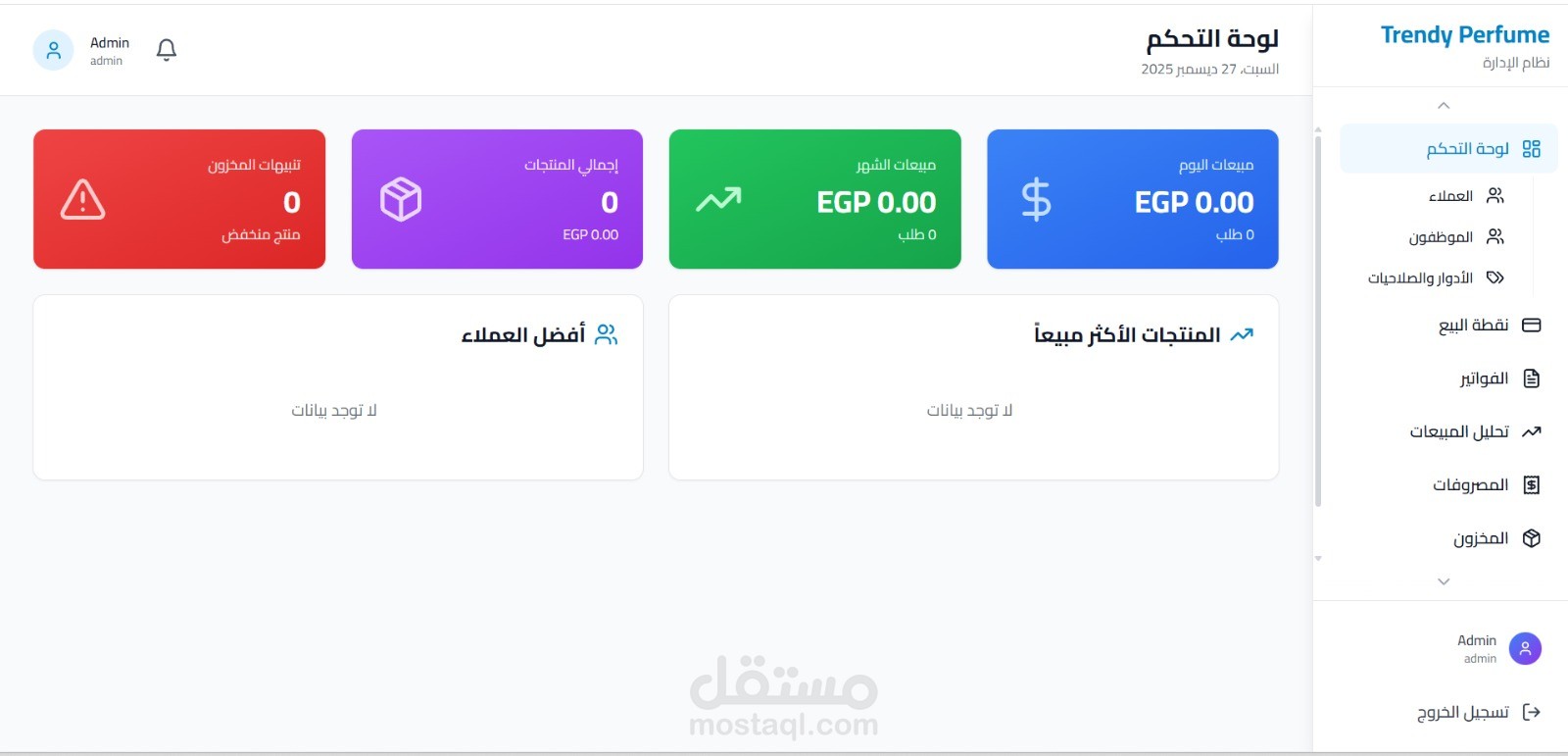 لوحة تحكم لإدارة المبيعات والمخزون (متجر عطور)