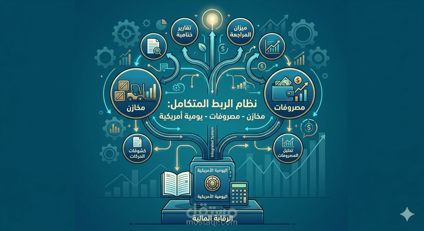 تصميم نظام محاسبي متكامل (اليومية الأمريكية + كشوف الحركة + مراقبة المخازن والمصاريف)