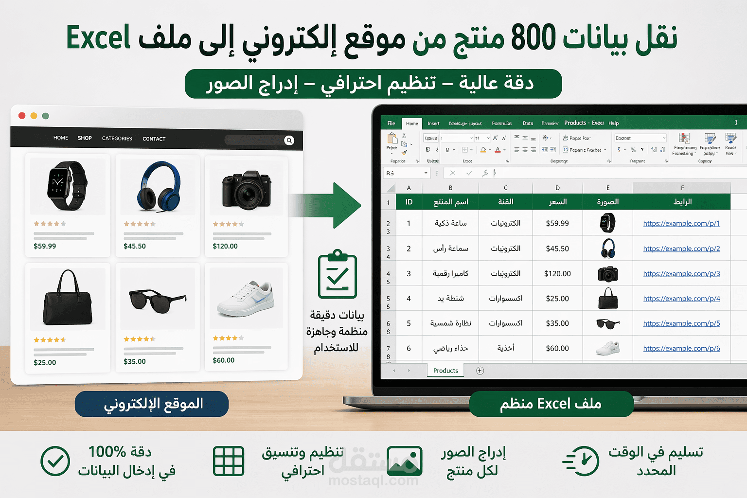 إدخال ونقل بيانات منتجات من موقع إلى Excel بدقة عالية