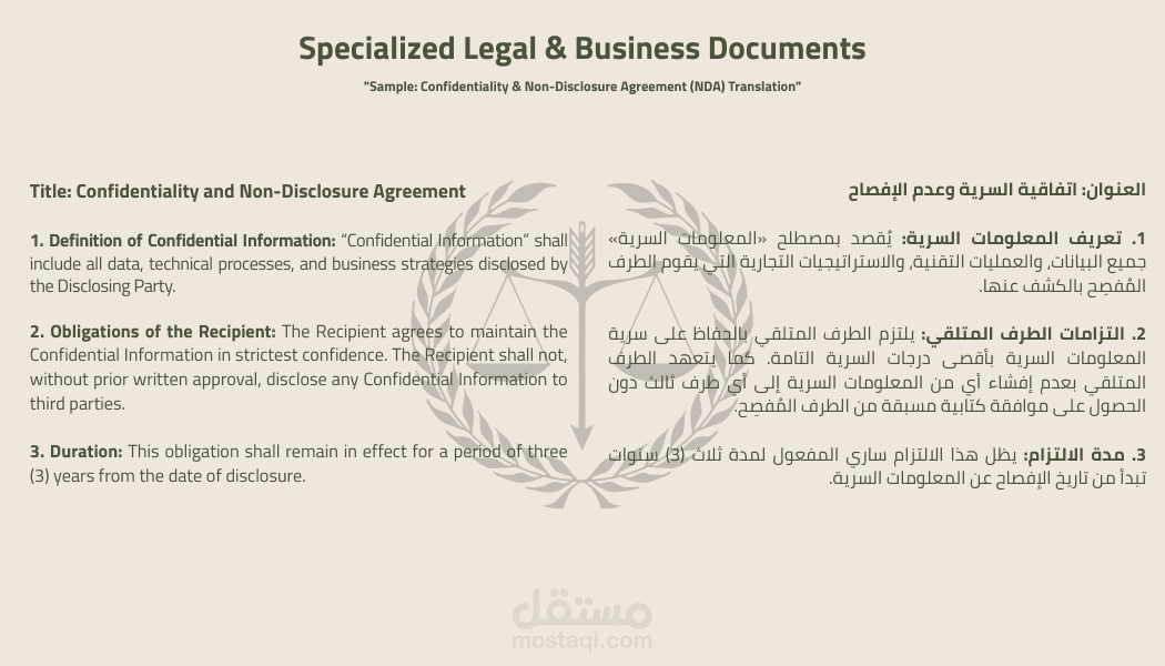 ترجمة قانونية متخصصة لاتفاقية عدم إفصاح (NDA) من الإنجليزية للعربية