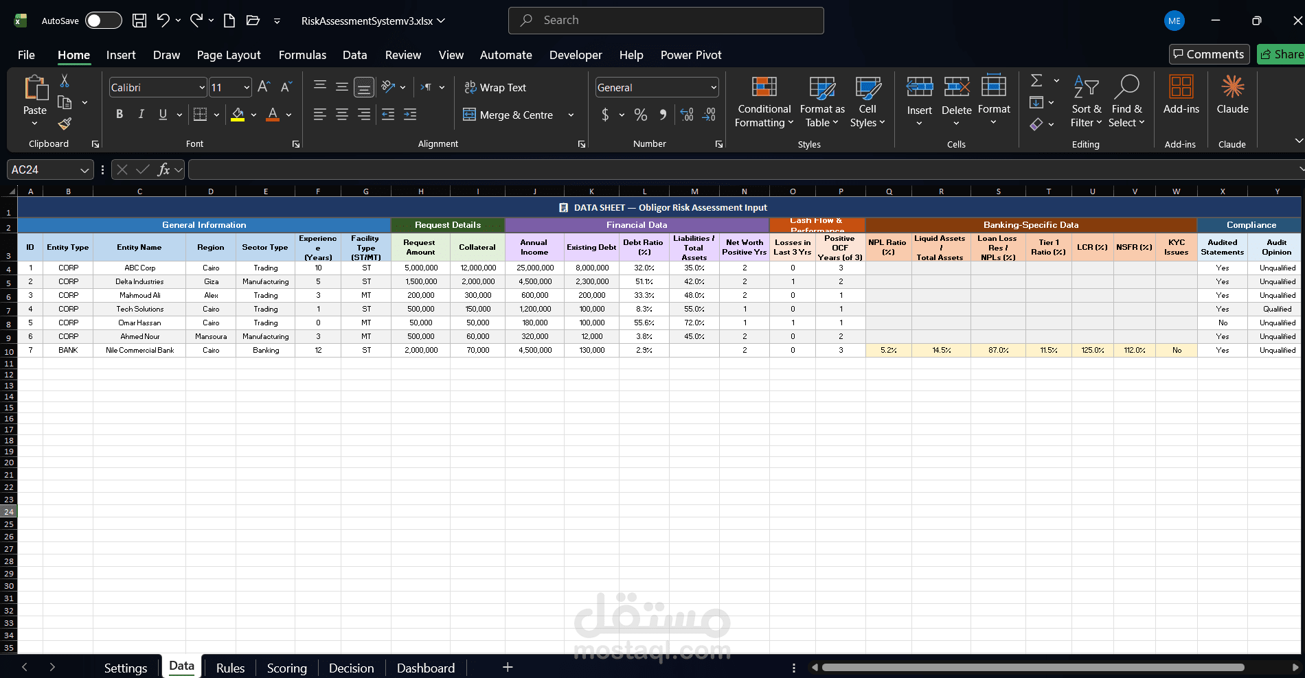 نظام تقييم المخاطر الائتمانية باستخدام Excel