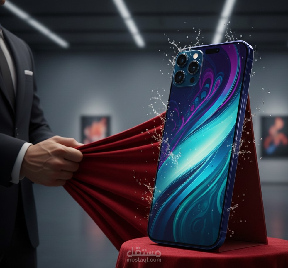 تصميم جرافيك إبداعي: إعلان هاتف آيفون بنمط سينمائي.