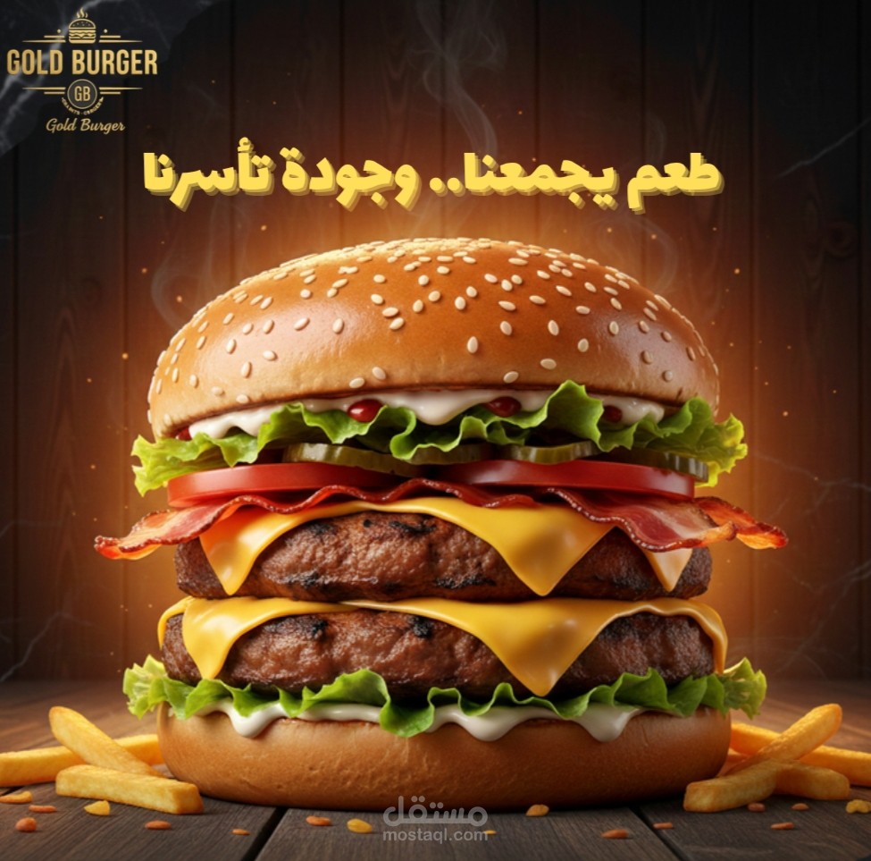 تصميم إعلاني سينمائي (فيديو + صورة) لبراند مطعم Gold Burger باستخدام تقنيات AI