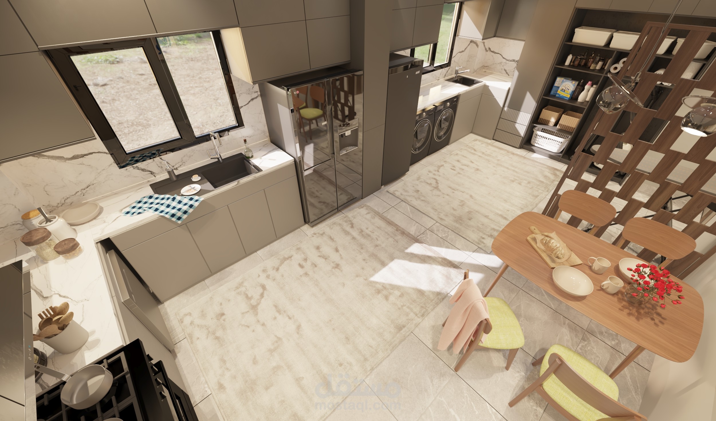 تصميم مطبخ ولاندري مودرن مفتوح – إخراج ثلاثي الأبعاد واقعي